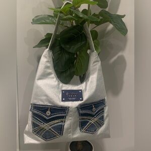 Reworked Emporio Armani Silver Denim Shoulder Bag with Blue Denim Pocket Accents